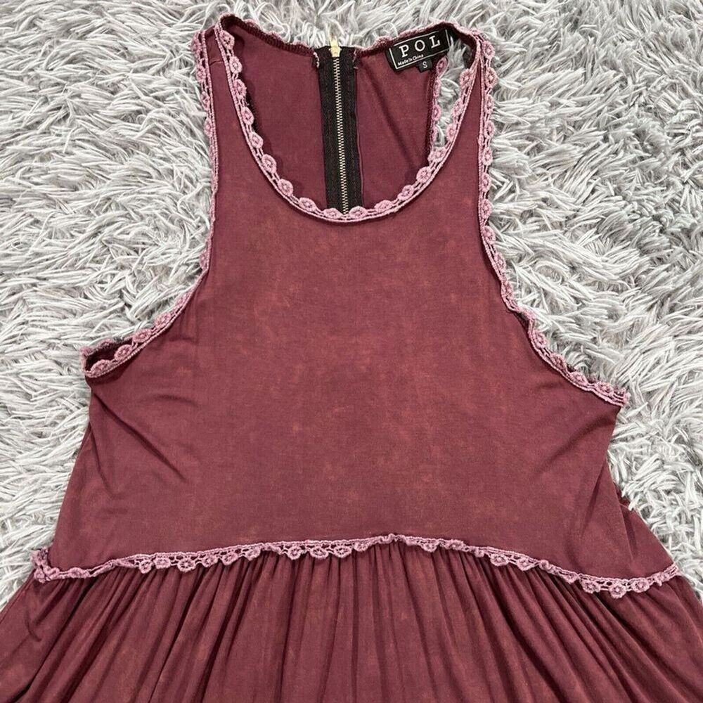 POL Womens Tunic Tank Top Lace Trim Stone Wash Peplum Small Burgundy - Picture 3 of 10